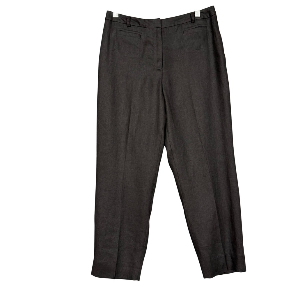 Talbots Irish Linen Trousers Women 8P Black Straight Leg Ankle Slit Petites NWT